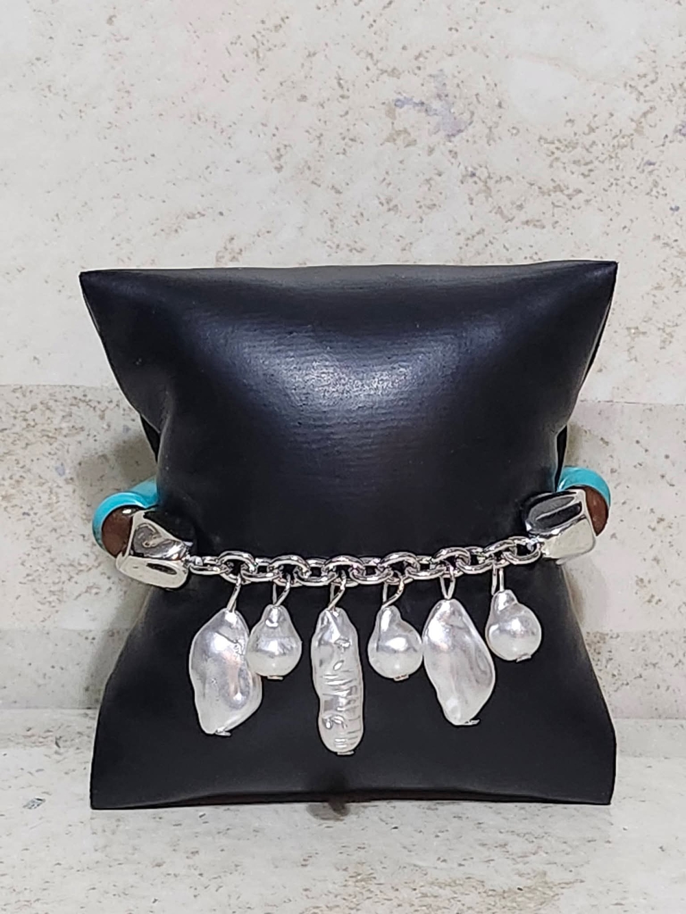 Turquoise Bead Bracelet with Silver Pearl Charms